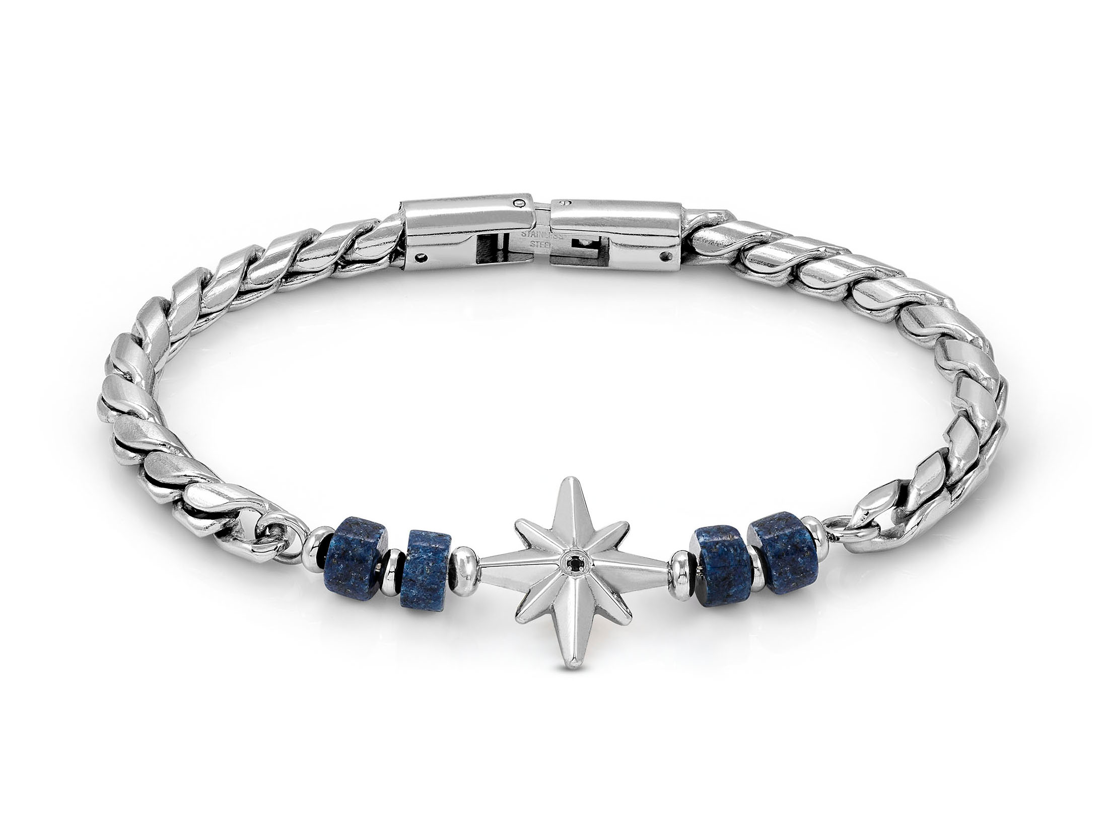 Elegantes Armband von Nomination aus der ATLANTE STONES EDITION mit Windrose, Sodalith-Perlen, silberner Kette, passend für Handgelenke von 19 bis 23 cm, Neuheit.