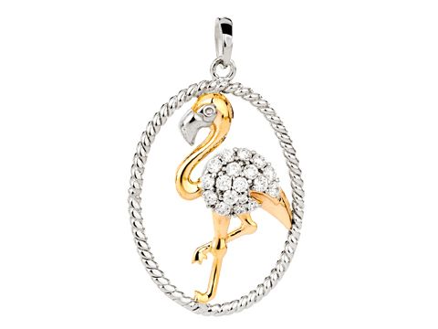 Flamingo Anhänger aus Silber mit rhodiniertem und bicolor Design, besetzt mit weißen Zirkoniasteinen, geschaffen vom Juwelier Harnisch, ideal für Tierliebhaber.