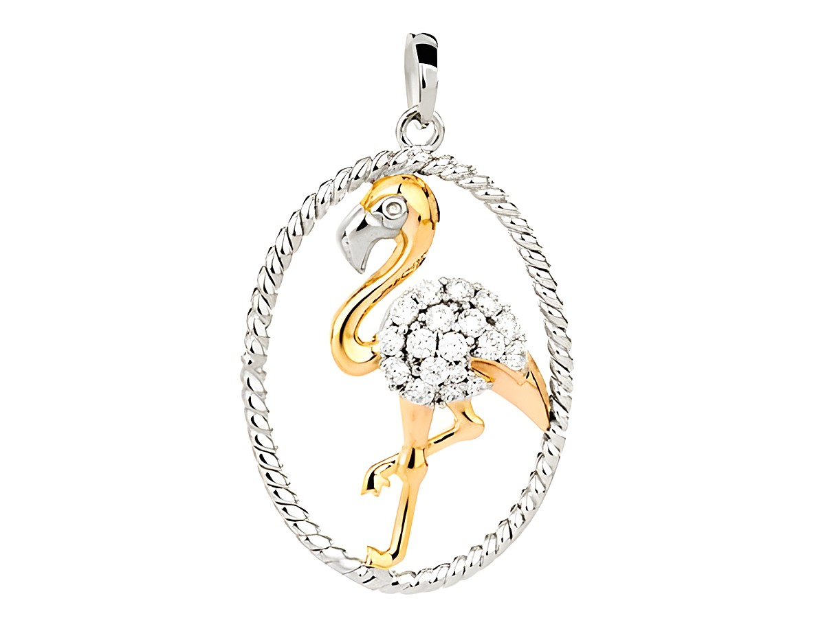 Flamingo Anhänger aus Silber mit rhodiniertem und bicolor Design, besetzt mit weißen Zirkoniasteinen, geschaffen vom Juwelier Harnisch, ideal für Tierliebhaber.