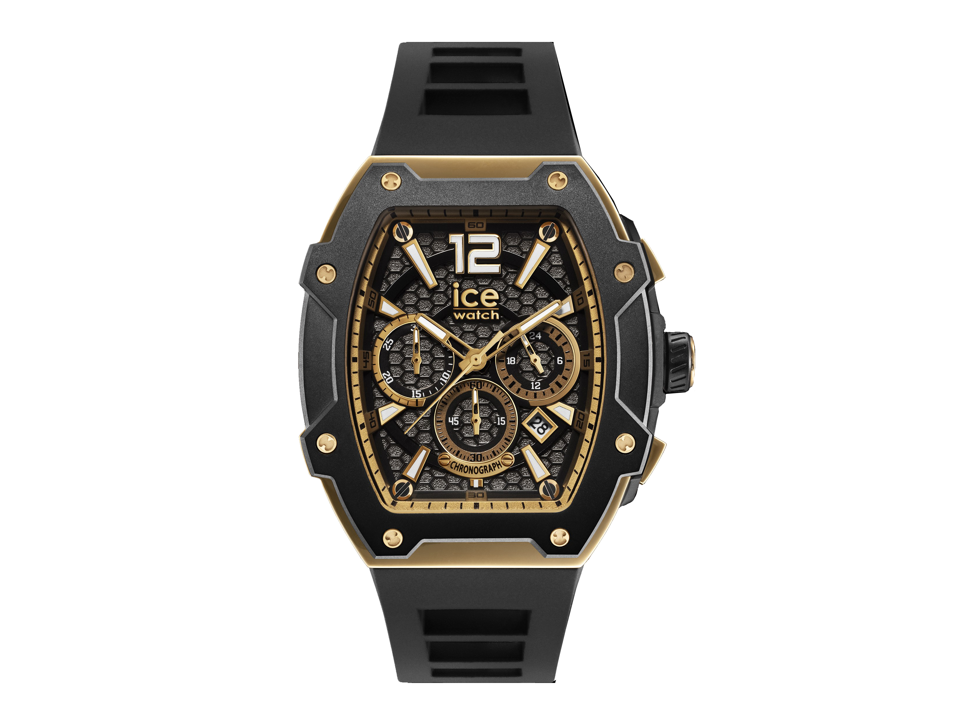 Die Ice Watch 024365 ICE boliday Uhr in Schwarz und Gold hat ein sportliches Design mit einem rechteckigen Gehäuse und mehreren Ziffernblättern sowie einem robusten, schwarzen Armband.