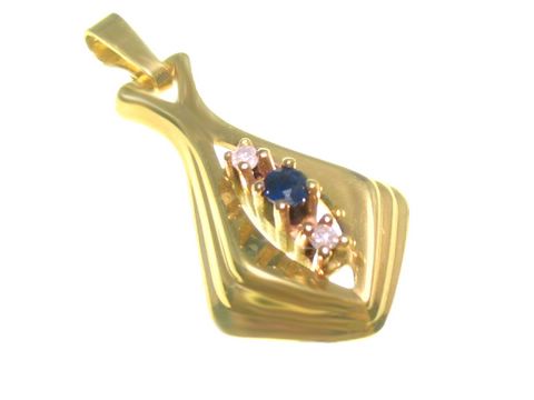 Design Diamant Gold Anhänger aus Gelbgold mit einem Saphir und zwei kleinen Steinen, Hersteller Juwelier Harnisch. Elegantes Schmuckstück für besondere Anlässe.
