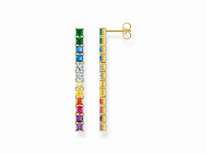 Ohrhänger von Thomas Sabo aus vergoldetem Sterling Silber mit bunten Zirkonia in Regenbogenfarben, elegantes Design für jeden Anlass, H2249-996-7.