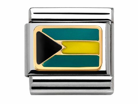 Ein elegantes Schmuckstück mit der Flagge der Bahamas, in den Farben Schwarz, Gelb und Teal, eingerahmt von poliertem Metall, ideal für den individuellen Stil.