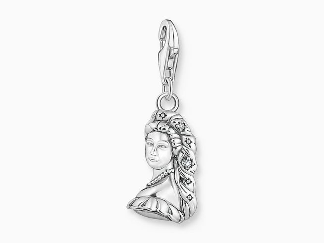 Charm-Anhänger von Thomas Sabo in Silber mit Zirkonia, gestaltet als Sissi mit detaillierter Haar- und Kleiddarstellung, ideal für stilvolle Schmuckliebhaber.