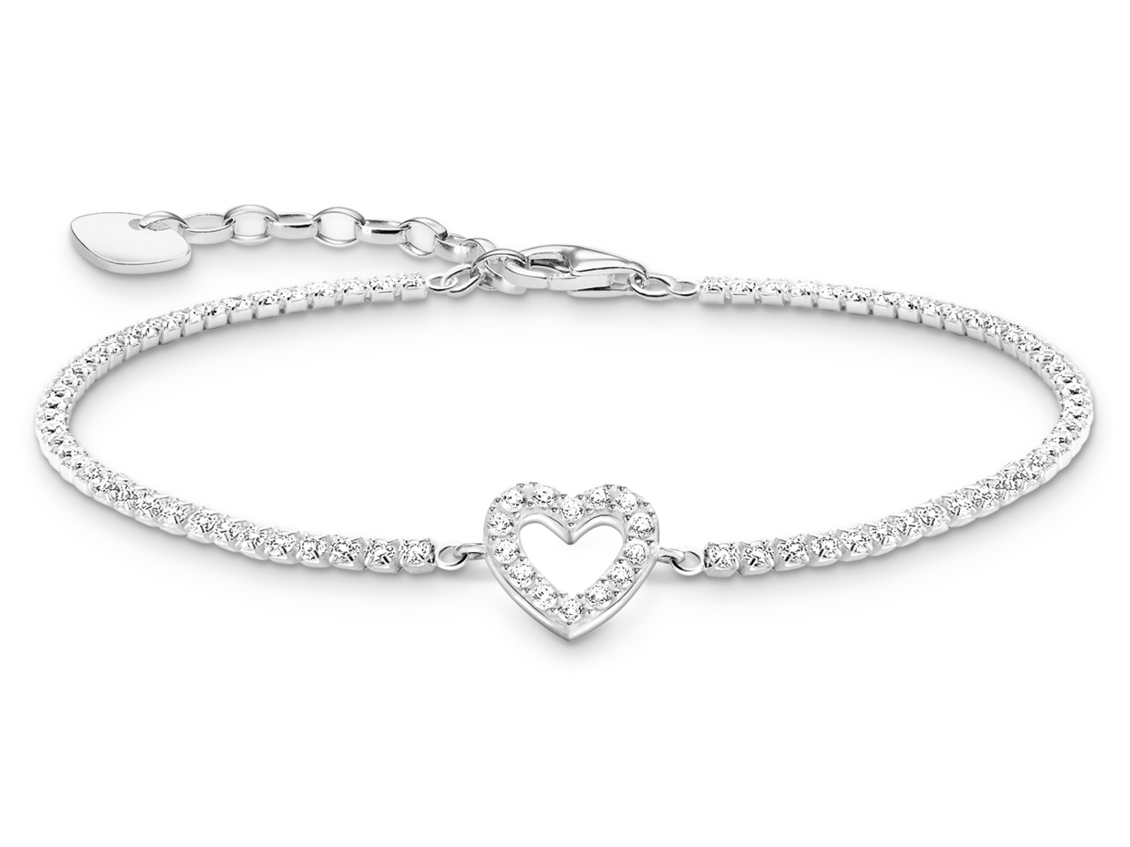 Elegantes Thomas Sabo Herz Armband aus Weiß- und Silber mit funkelnden Zirkonia, verziert mit einem Herzdesign, verstellbar von 16 bis 19 cm. Ideal für besondere Anlässe.