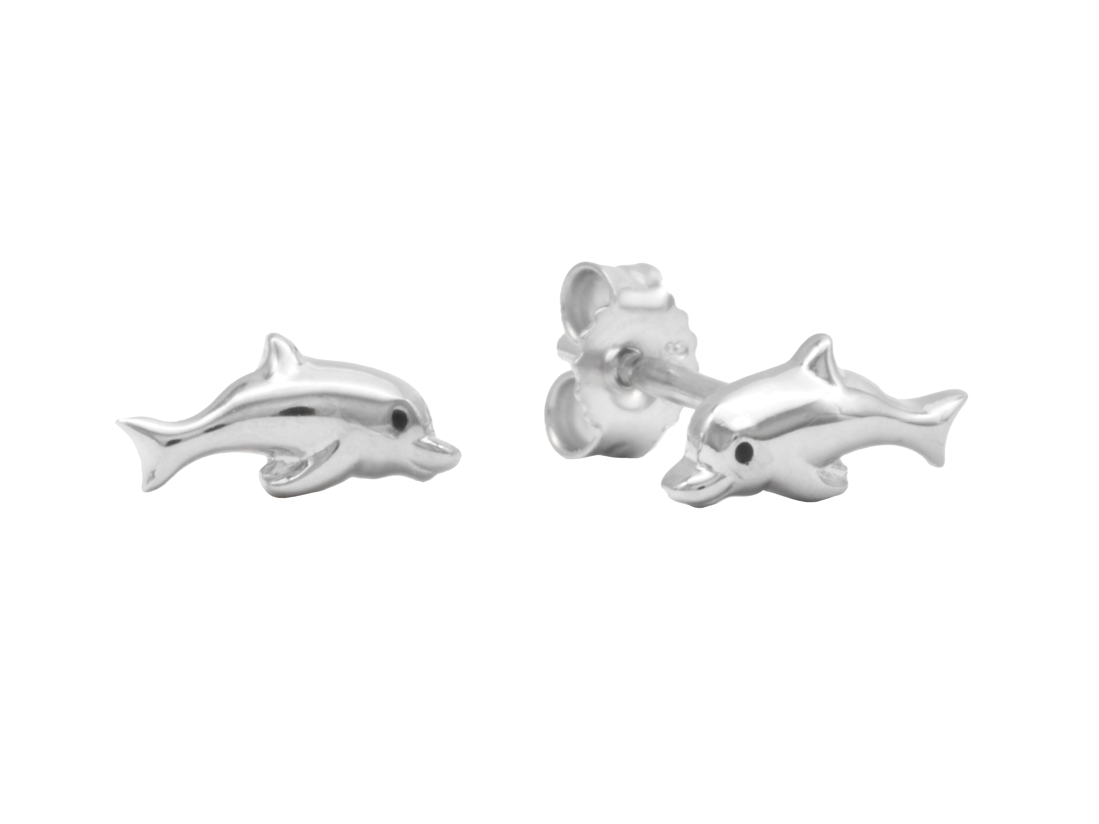 Ohrstecker Delfin Kinderschmuck - Sterling Silber 925 rhodiniert poliert - Lack Schwarz Ohrstecker in Form von Delfinen aus Sterling Silber 925, rhodiniert und poliert, mit schwarzem Lack für Kinder, Hersteller Juwelier Harnisch.