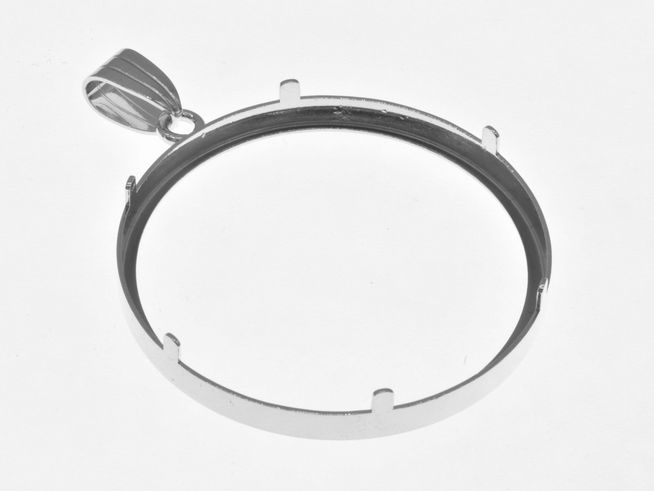 Münzfassung Anhänger aus 925 Sterling Silber rhodiniert für Münzen bis 36 mm Durchmesser, schlichtes Design, geeignet für bis zu 4 cm große Münzen, Hersteller Juwelier Harnisch.