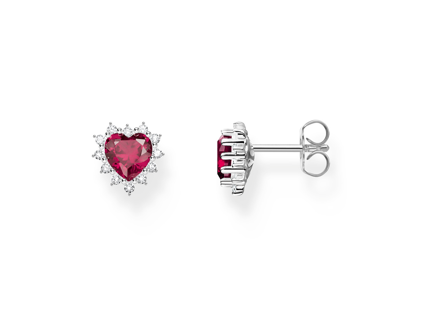 Thomas Sabo Ohrstecker H2315-013-10 in Herzform mit rotem Stein und funkelnden Zirkonia umgeben, elegantes Design für den romantischen Look, ideal für besondere Anlässe.