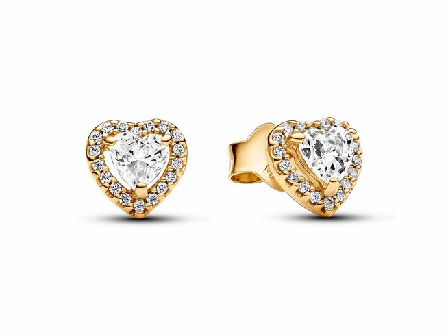 Funkelnde Erhabenes Herz Ohrringe aus gelbgold vergoldetem Metall mit klaren Zirkonia-Steinen, die in herzförmigen Fassungen angeordnet sind und einen eleganten Look verleihen.