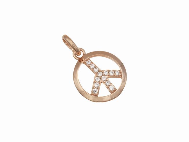 Anhänger mit einem Peace Symbol aus roségold vergoldetem Sterling Silber, besetzt mit Zirkonia-Steinen, elegant und modern, ideal als Schmuckstück für jeden Anlass.