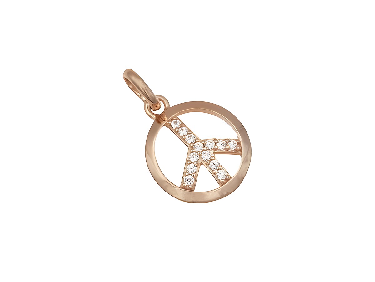 Anhänger mit einem Peace Symbol aus roségold vergoldetem Sterling Silber, besetzt mit Zirkonia-Steinen, elegant und modern, ideal als Schmuckstück für jeden Anlass.