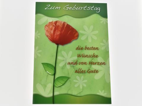 Geburtstagskarte mit einer Klatschmohnblüte auf grünem Hintergrund, darunter der Schriftzug zum Geburtstag, die besten Wünsche und von Herzen alles Gute, Hersteller: Juwelier Harnisch.