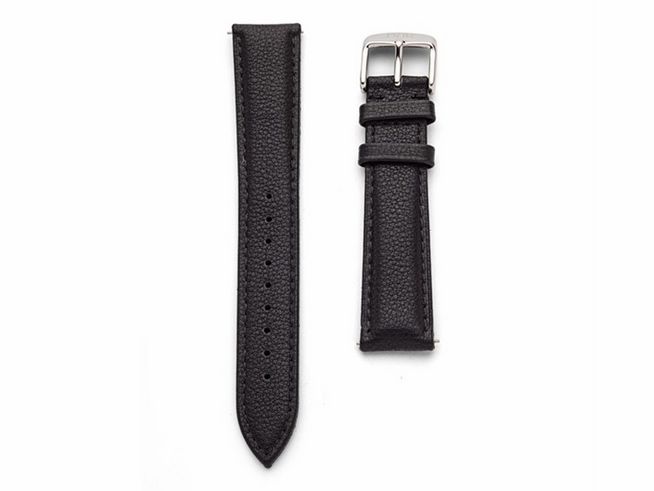 DUR Rindsleder Schwarz DWB002 18 mm Uhren Ersatzarmband in der Nahaufnahme, zeigt ein schwarzes Lederarmband mit gefüttertem Innenmaterial und silberner Schnalle, ideal für Uhren.