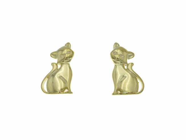 Ohrstecker Sterling Silber in Katzenform, poliert und vergoldet in Gelbgold, Hersteller Juwelier Harnisch, ohne Stein. Ideal für Tierliebhaber.