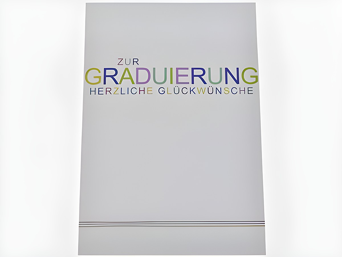 Glückwunschkarte zur Graduierung mit farblich gestalteter Schrift und dem Text herzliche Glückwünsche. Hersteller ist Juwelier Harnisch, ideal für Glückwünsche zu besonderen Anlässen.