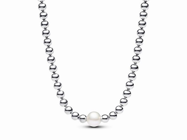 393176000-0 Zuchtperlen und Kugeln Collier-Halskette aus Silber mit Steinmix in Weiß von Pandora, Länge 45 cm, elegantes und zeitloses Design mit feinen Details.