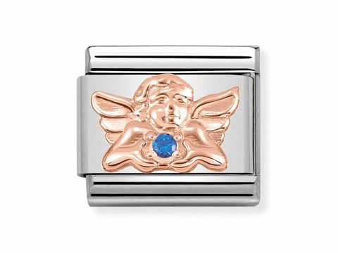 Ein elegantes Nomination 430302 20 Classic Roségold Armbandglied mit einem Engel-Motiv, der einen blauen Stein hält, gefertigt aus hochwertigem Edelstahl und Roségold, ideal für den Gesundheitsmonat.