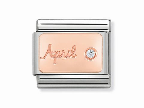 Der roséfarbene Monatssteinanhänger für April von Nomination zeigt die eingravierte Schrift "April" und einen funkelnden Diamanten, umrahmt von einem silbernen Gehäuse.