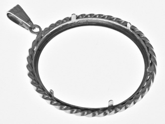 Münzfassung Anhänger aus echt Silber, rhodiniert, mit gekordeltem Rand, für Münzen mit maximal 32,9 mm Durchmesser, Hersteller Juwelier Harnisch, geeignet für bis zu 3,5 cm Münzen.