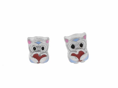 Silber Ohrringe in Eulenform mit Herz, rhodiniert und bunt lackiert, ideal für Kinder, von Hersteller Juwelier Harnisch, allerliebst.