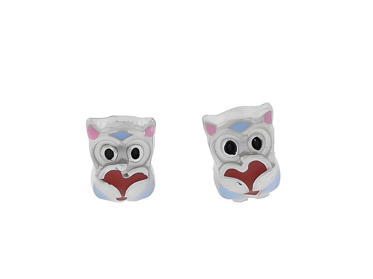 Silber Ohrringe in Eulenform mit Herz, rhodiniert und bunt lackiert, ideal für Kinder, von Hersteller Juwelier Harnisch, allerliebst.
