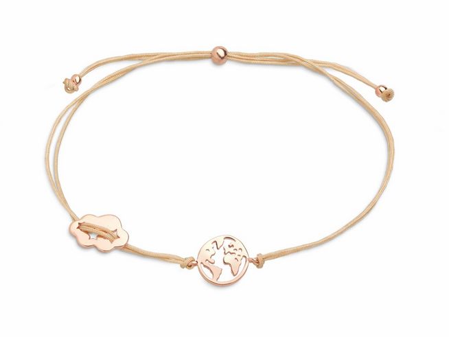 Silberne Xenox Armband XS3167R WANDERLUST mit rosévergoldeten Weltkugel Anhänger und einem weiteren charm. Zarte, leichte Schnur mit anpassbarem Verschluss. Ideal für Reisebegeisterte.