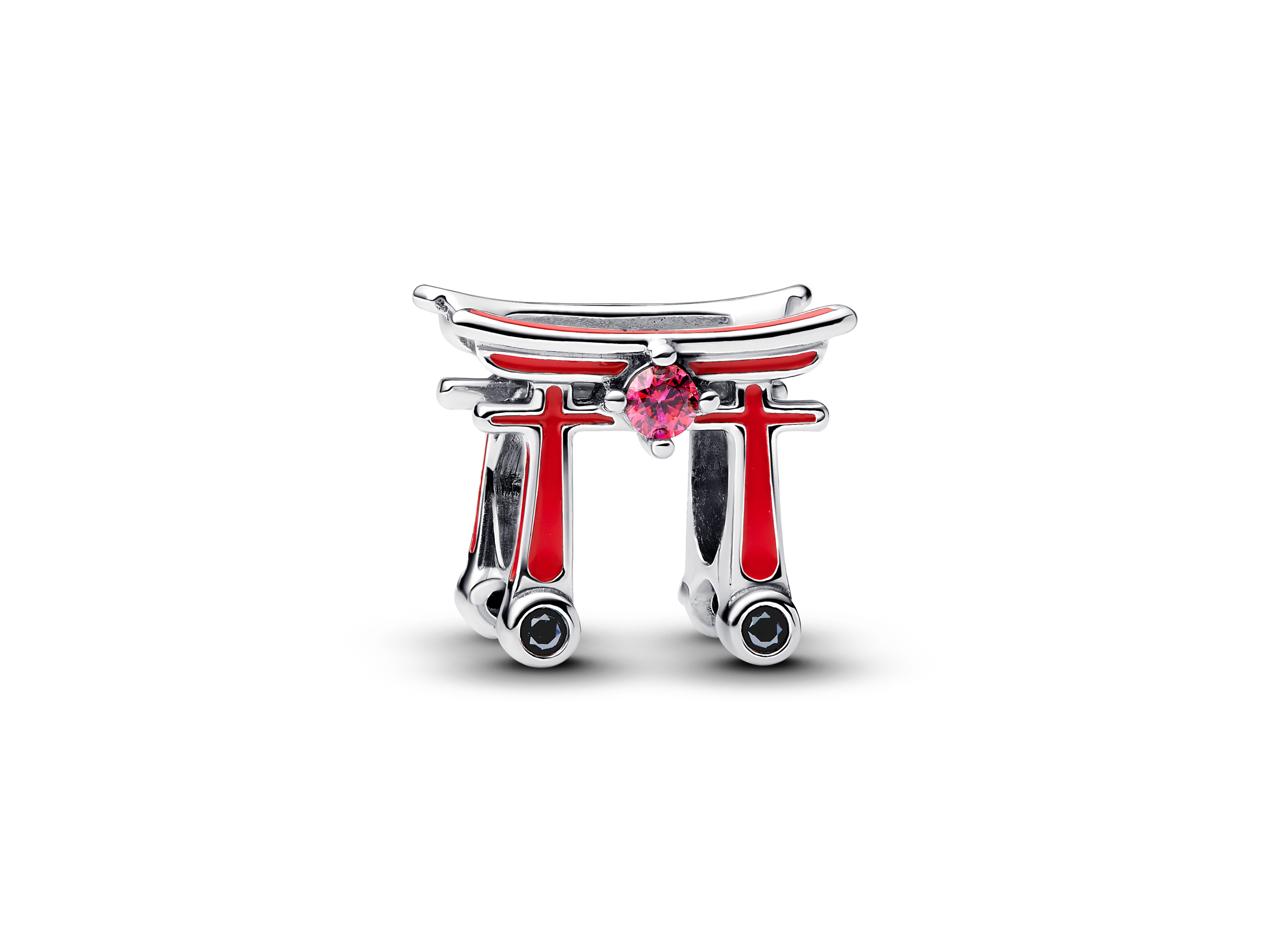 Das Bild zeigt ein Pandora Torii Tor Charm aus Sterling Silber mit roten Akzenten und einem pinken Stein. Es ist ein elegantes und kulturelles Schmuckstück, ideal für die Erweiterung einer Charm-Sammlung.