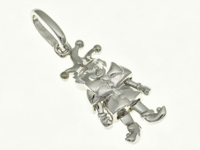 Beweglicher Anhänger in Form eines Clowns aus rhodiniertem Sterling Silber, detailreich gestaltet mit einer fröhlichen Mimik und einem bunten Outfit, Hersteller Juwelier Harnisch.