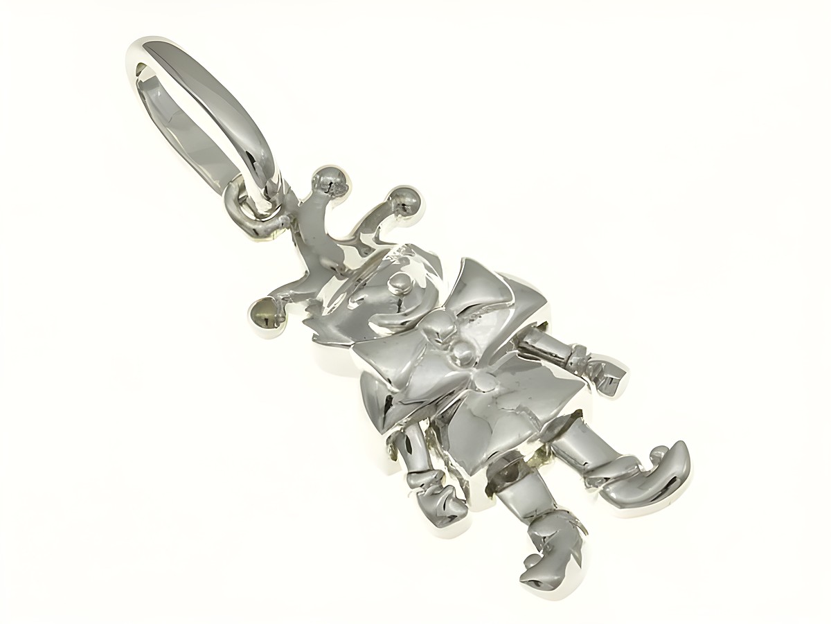 Beweglicher Anhänger in Form eines Clowns aus rhodiniertem Sterling Silber, detailreich gestaltet mit einer fröhlichen Mimik und einem bunten Outfit, Hersteller Juwelier Harnisch.