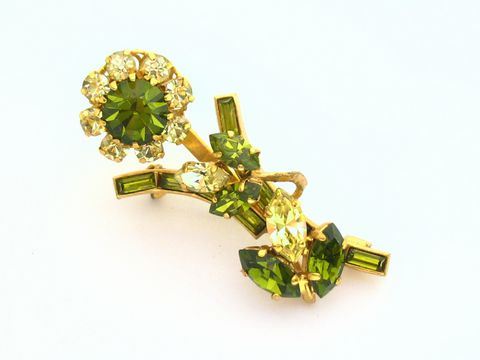 Strass Brosche in sexy Grün, gefasst mit funkelnden Kristallen, neuer Stil von Juwelier Harnisch. Elegantes Design ideal für besondere Anlässe.
