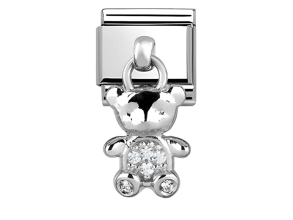 Charm in Form eines Bärchens aus Silber, mit Zirkonia verziert, von Nomination, passend für Armbänder.