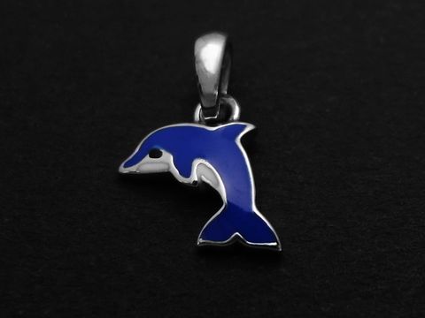 Anhänger in Form eines Delfins aus rhodiniertem Sterling Silber, blau und weiß lackiert, geeignet für Kinder, Hersteller Juwelier Harnisch.