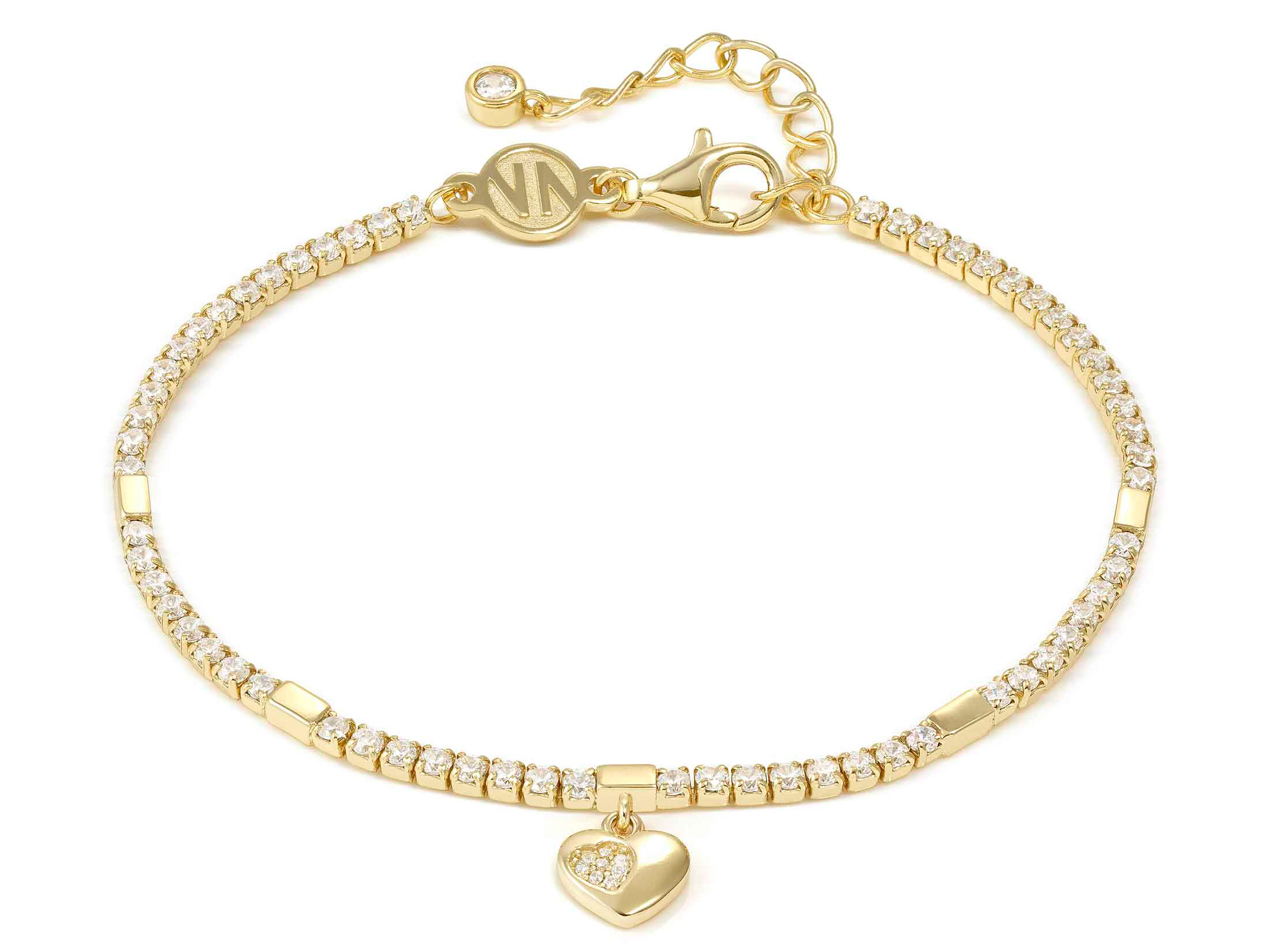 Sterling Silber Armband mit Herzanhänger, vergoldet, verziert mit Zirkonia, in den Größen 16,5 bis 19,5 cm, Hersteller Pandora, elegant und modern gestaltet.