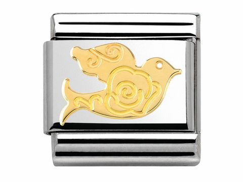 Ein elegantes Schmuckstück von Nomination, bestehend aus einem silbernen Element mit einer goldenen Taube, verziert mit einer stilisierten Rose, Teil der Classic MADAME ET MONSIEUR Kollektion.