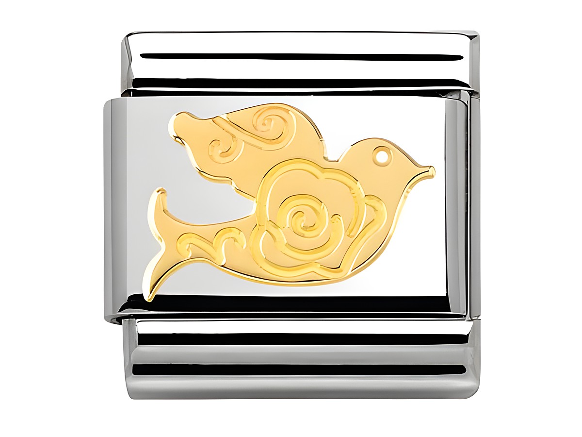 Ein elegantes Schmuckstück von Nomination, bestehend aus einem silbernen Element mit einer goldenen Taube, verziert mit einer stilisierten Rose, Teil der Classic MADAME ET MONSIEUR Kollektion.