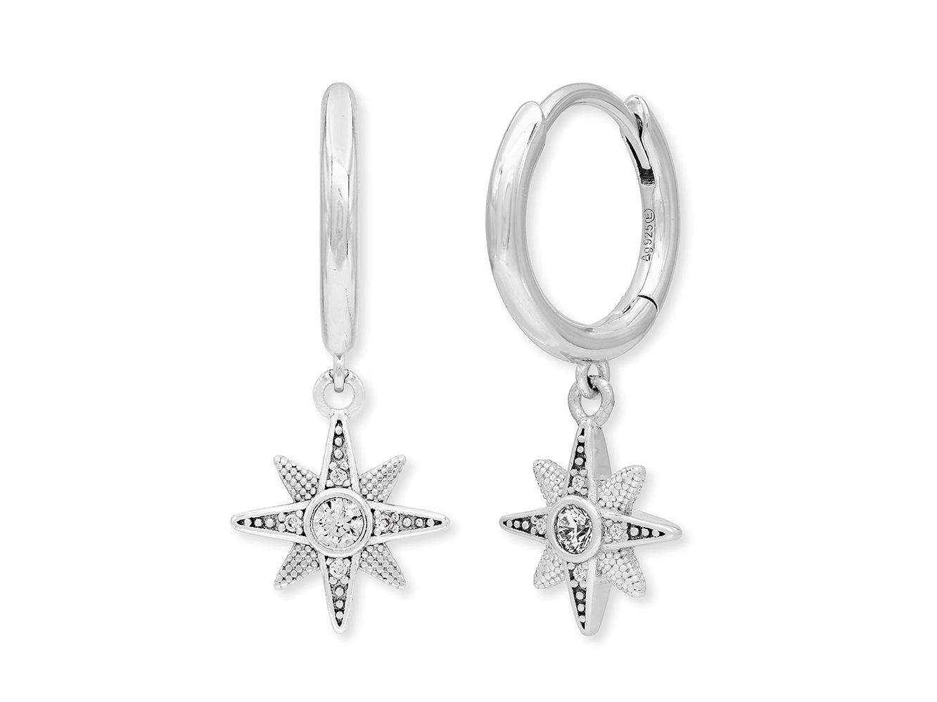 Engelsrufer ERE-NEWSTAR-ZI-CR NEWSTAR Creole New Star mit Zirkonia in Silber rhodiniert, 14 mm, stilvolle Ohrringe mit funkelnden Sternenanhängern, perfekt für jeden Anlass.