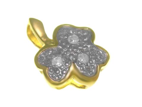 Gold Anhänger in Form eines Kleeblatts mit Diamanten 0,015 ct, Bicolor Design, Hersteller Juwelier Harnisch, edel und ansprechend für jeden Anlass.