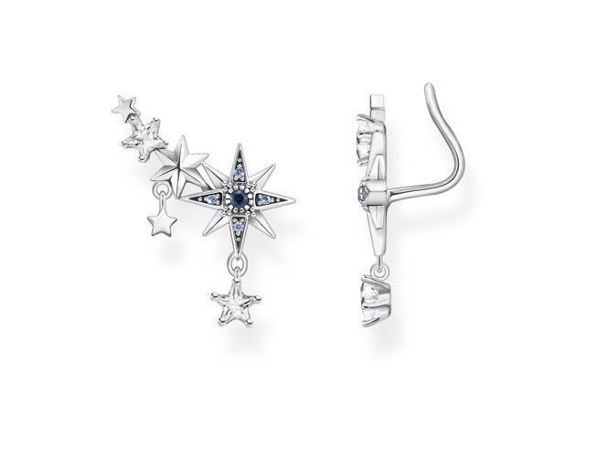 Thomas Sabo Ear Climber Ohrringe aus Sterling Silber mit Glas-Keramik, synth. Spinell und Zirkonia, mit funkelnden Sternen und einem zentralen, blauen Stein in Form eines Sterns.