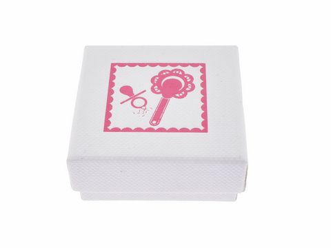 Geschenkschachtel für eine Rassel mit Schnuller in weiß und rosa, Maße 4,5 x 4,5 cm, Hersteller Juwelier Harnisch, ideal zum Verschenken.