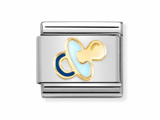 Schnuller aus Edelstahl und Gold 750, emailliert in Hellblau und Gold, präsentiert ein modernes Design und ist ideal für Namensarmbänder von Nomination.