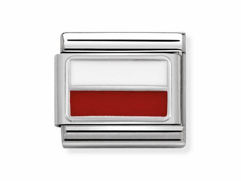 Die Komposition zeigt eine Flagge von Polen in den Farben Weiß und Rot, eingefasst in einem silbernen Metallrahmen, hergestellt von Nomination als Teil der Composable Classic Serie.