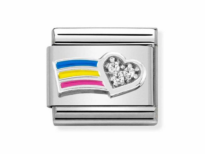 Zirkonia und Emaille Charm in Edelstahl mit einem weißen Herz und bunten Streifen in Blau, Gelb und Pink, verziert mit funkelnden Zirkonia-Steinen, von Nomination Silvershine.