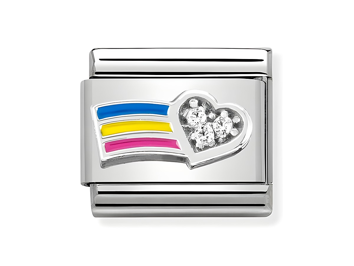 Zirkonia und Emaille Charm in Edelstahl mit einem weißen Herz und bunten Streifen in Blau, Gelb und Pink, verziert mit funkelnden Zirkonia-Steinen, von Nomination Silvershine.