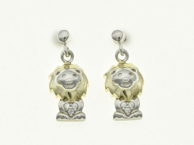 Löwe Ohrstecker aus rhodiniertem Sterling Silber mit bicolor vergoldetem Design und Zirkonia, hergestellt von Juwelier Harnisch, geeignet für Kinder.