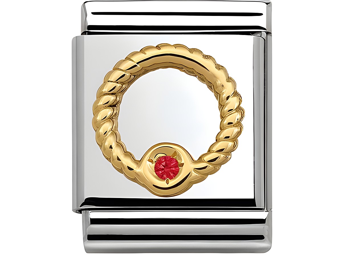Edelstahlarmband mit goldener Reliefstruktur, dargestellt in einem roten Kreis, verziert mit Zirkonia-Stein, stilvolles und elegantes Design von Nomination.