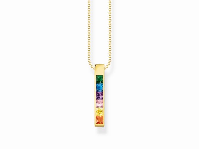 Kette aus Sterling Silber vergoldet mit einem rechteckigen Anhänger in Regenbogenfarben, besetzt mit bunten Steinen, Länge 45 cm, Hersteller Thomas Sabo.