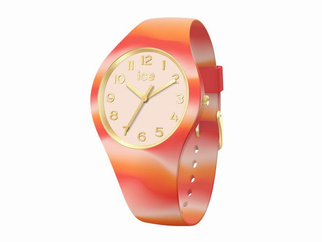 Ice Watch Uhr 022600 - ICE tie and dye Sunrise - Small mit einem bunten, orange-rot verlaufsartigen Armband und goldenem Ziffernblatt für einen fröhlichen Look. Ideal für jeden Anlass.