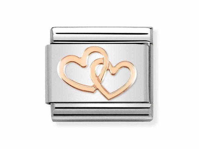 Roségoldenes Charm aus Edelstahl mit verflochtenen Herzen, klassisches Design, ideal für persönliche Schmuckstücke, farbenfrohe Akzente durch die Roségoldauflage.