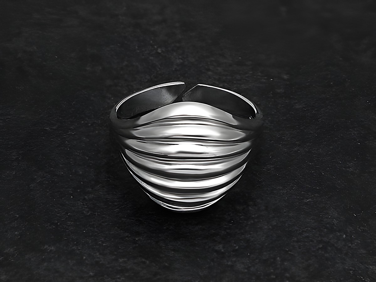 Silberring rho. RUND MIT STREBEN, Größe wenig verstellbar, hergestellt von Juwelier Harnisch, rhodiniert, ohne Stein, modern und elegant gestaltet.