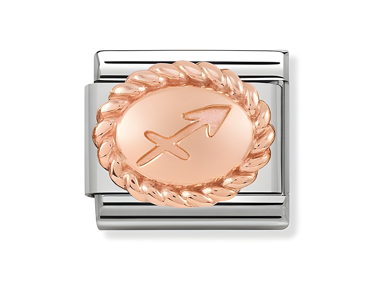 Schmuckstück von Nomination mit ovaler Roségoldplatte und graviertem Sternzeichen Schütze in einem geflochtenen Rahmen, geeignet für das Classic Armband.